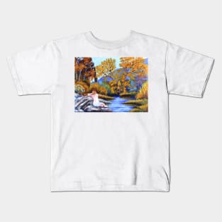 Woman girl on rocks relaxing watching the river flow zen yoga buddhism Kids T-Shirt